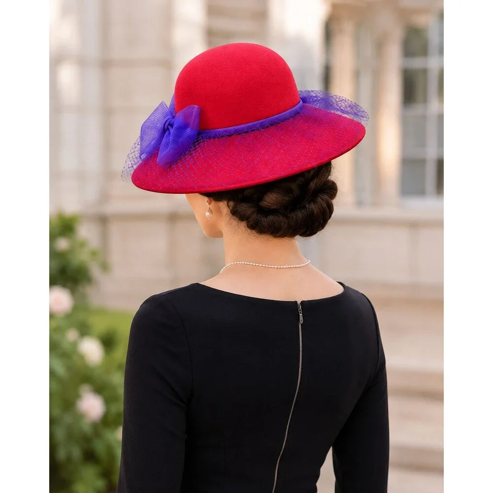 Vintage 100% Wool Red Wide Brim Derby Hat Purple Bow Church Tea Party